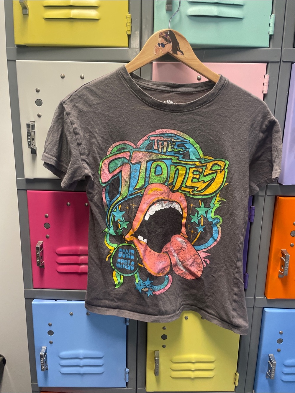 the Rolling Stones Women’s Gray Tee with Multicolor Graphic